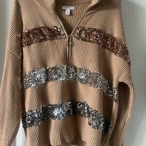 Nine West Tan and Silver Sequin Turtleneck Sweater